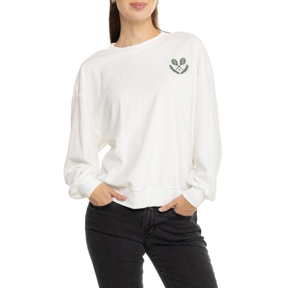 S Terry Crewneck Pullover Sweatshirt Top Tennis Country Club Crest Old Money - Picture 1 of 6